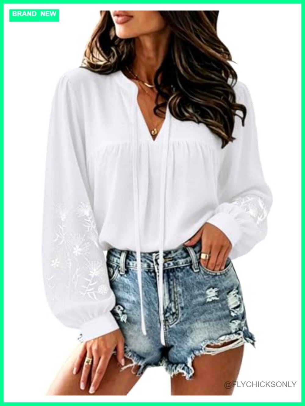Floral Embroidered Boho Peasant Blouse Long Sleeve V-Neck Tie Front